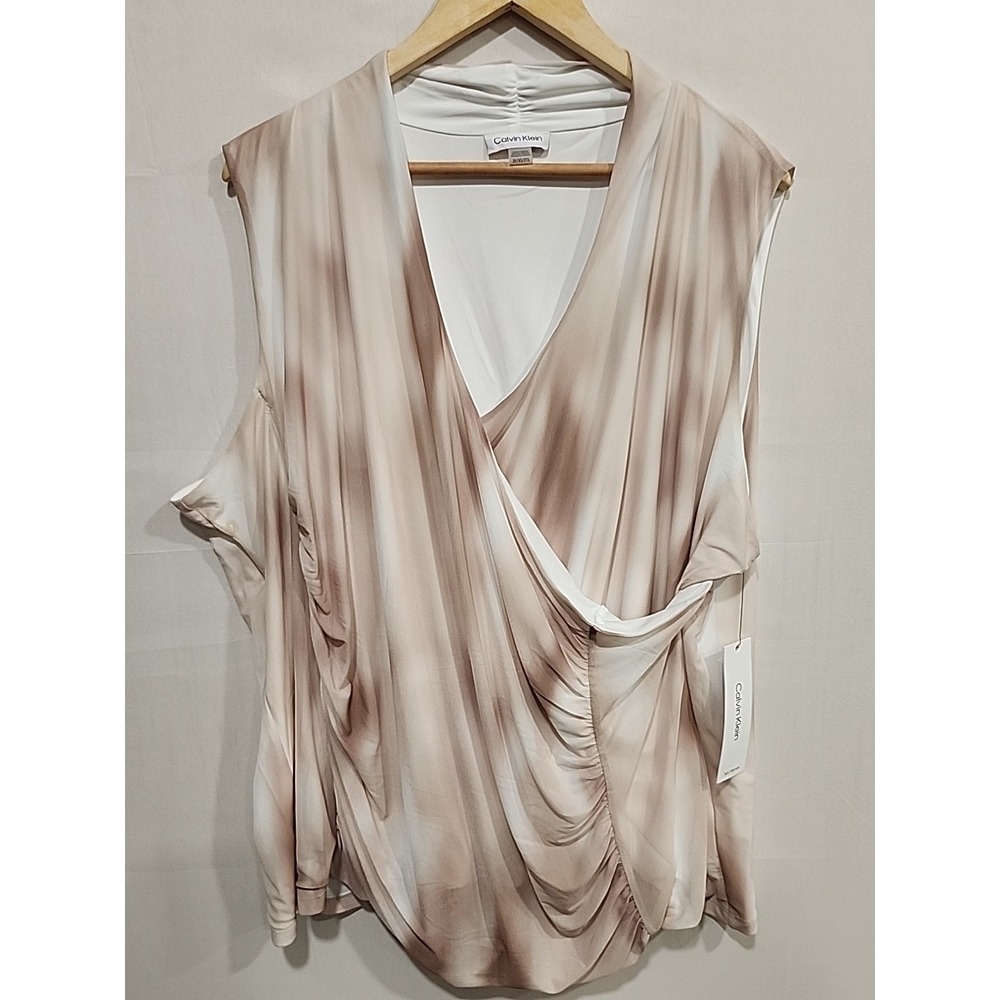Calvin Klein NWT Blouse Womens 3X Lt. Brown/White, Gathered Draped Sleeveless